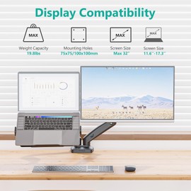 WALI Laptop Mount for Desk, Monitor Arm Mount for 17"-32”Computer Screen and 11.6" - 17.3" Notebook,Dual Monitor Mount Holds up to 19.8lbs, Laptop Tray Stand with Gas Spring Arm (GSMP002LP), Black