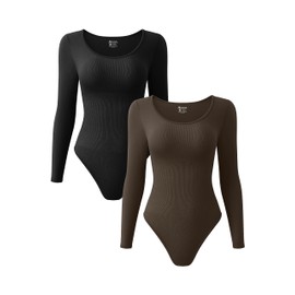 OQQ Women's 2 Piece Bodysuits Sexy Ribbed One Piece Long Sleeve Crew Neck Tops Bodysuits Black Darkbrown