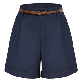 Ladies Dark Blue High Waisted with Pockets Wide Leg Casual Cotton Shorts (Dark Blue 325,L)