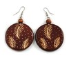 70mm Long/Brown Wooden Round Disk Drop Earrings with Feather Pattern