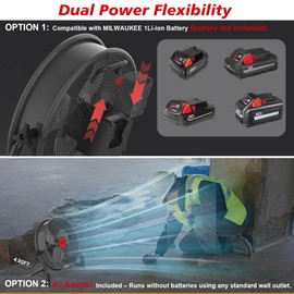 16" Battery Operated Floor Fan for Milwaukee M18 18V Battery, Portable Fan with AC Adapter and USB Output, Metal Industrial High Velocity, Stepless Speed Cordless Fan for Jobsite Garage Camping Shop