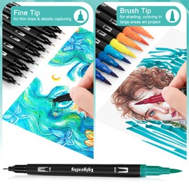 Eglyenlky 60 Coloring Pens for Adult Coloring Books, Dual Tip Brush Pens, Felt Markers with Fine and Brush Watercolor Marker Set for Kid Adult Artist Drawing