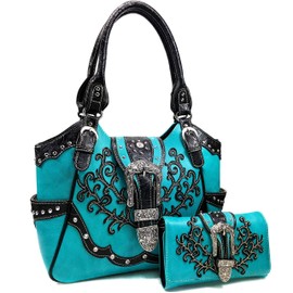 Zelris American Albino Western Floral Buckle Conceal Carry Women Tote Purse Handbag with Crossbody Wallet Set (Turquoise)