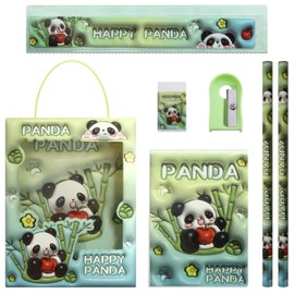 6 in 1 Green Panda Stationery Set Gift Box Includes 1 Cute Panda Mini Notebook 2 Panda Pencil 1 Eraser 1 Plastic Ruler 1 Pencil Sharpener for Party Kid Student Study Gift School Office Accessories