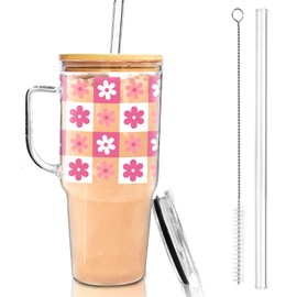 ONEHAUS Glass Tumbler with 2 Lids and 2 Straws, Cute 40oz Glass Cup with Handle for Women, Iced Drinking Glasses for Coffee Water Beer, Fits In Cup Holder