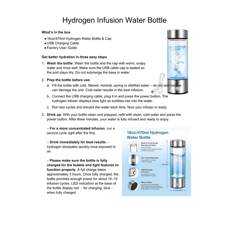 Aqua Vital Hydrogen Water Bottle 2026 Generator 16 oz/470 ml