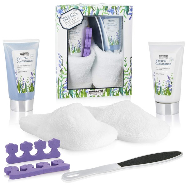 BRUBAKER Cosmetics Bath and Foot Care Set Including 1 Pair of Slippers Made of Teddy Plush White - with Lavender & Sage Mint Extracts - Beauty Gift Set Women, White Purple