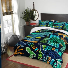 AILONEN Dinosaur Print Bedding Set Twin Size Retro Green Dinosaur Silhouette Pattern Comforter Set for Kids Teens Boys Girls Soft Breathable Duvet Set 3 Pieces, 1 Comforter and 2 Pillowcases