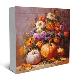 SRADMO Fall Desk Decor, Farmhouse Maximalist Floral Autumn Pumpkin Wood Box Sign Desk Decor, Retro Harvest Fall Pumpkin Theme Wooden Block Box Sign Decoration for Home Office Shelf Table