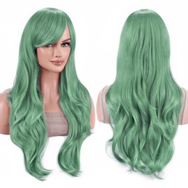 IMISSU 28 Inch/70cm Long Hair Water Wavy Wigs with Bangs Cosplay Costume Wig (Mint Green)