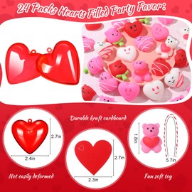 24 Pack Kids Valentines Party Favors Set Hearts Filled Candy Box, Valentines Day Gifts for kids Valentine Animal Toys Exchange Cards for Birthday Game Prizes Class Kids Stress Relief Toys