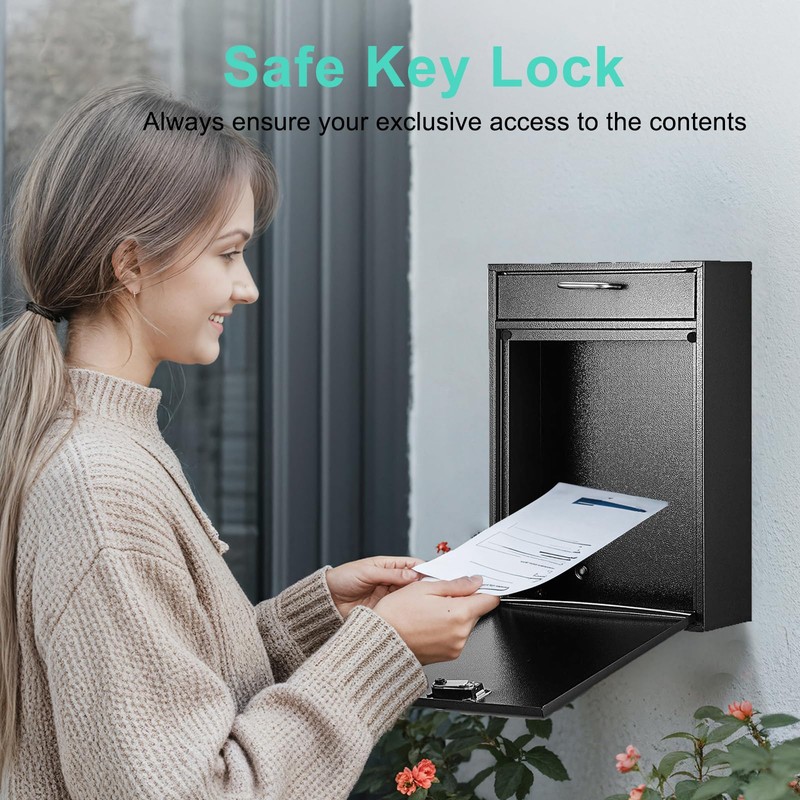 RQUNA Lockable Outdoor Secure Mailbox, Wall-Mounted Metal Mailbox, Dimensions: 15.1"