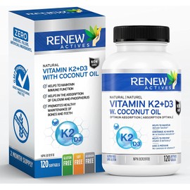 Renew Actives RENEW ACTIVES D3 K2 Supplement with Coconut Oil 1000 IU per Serving- Promotes Immune Function, Bone Health & Teeth, Enhances Calcium Absorption for Optimal Wellness - Made in Canada - 120 Softgels
