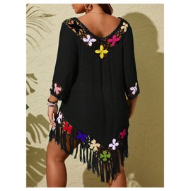 Verdusa Women's Plus Size Boho Hollow Out Floral Fringe Beach Cover Up Dress 3/4 Sleeve Tunic Dress, Black, XX-Large Plus