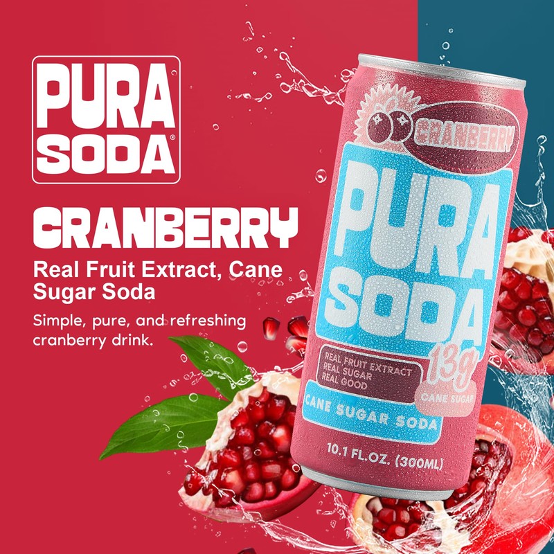 PuraSoda® Cranberry | Low-Calorie, Cane Sugar Soda Beverage | Non-GMO,