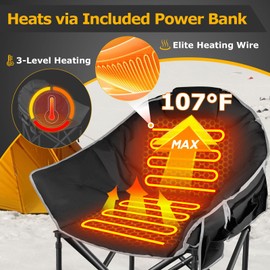 ZENPETIO Heated Camping Chair, Oversized Heated Chairs for Adults Outdoor Sports, Dual Heating Zones with 3 Levels, Portable Folding Heated Chair for Camp, Sports, Lawn (Battery NOT Included)