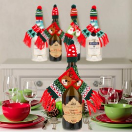 Boao 6 Sets Christmas Wine Bottle Cover Knit Sweater Wine Bottle Dress Santa Snowman Wine Bottle Cover for Christmas Decorations Christmas Sweater Party Decorations