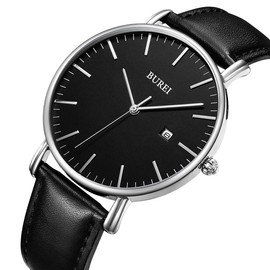 BUREI Men’s Watches, Ultra Thin, Black, Minimalist Quartz with Date Display and Leather Watch Band, silver black