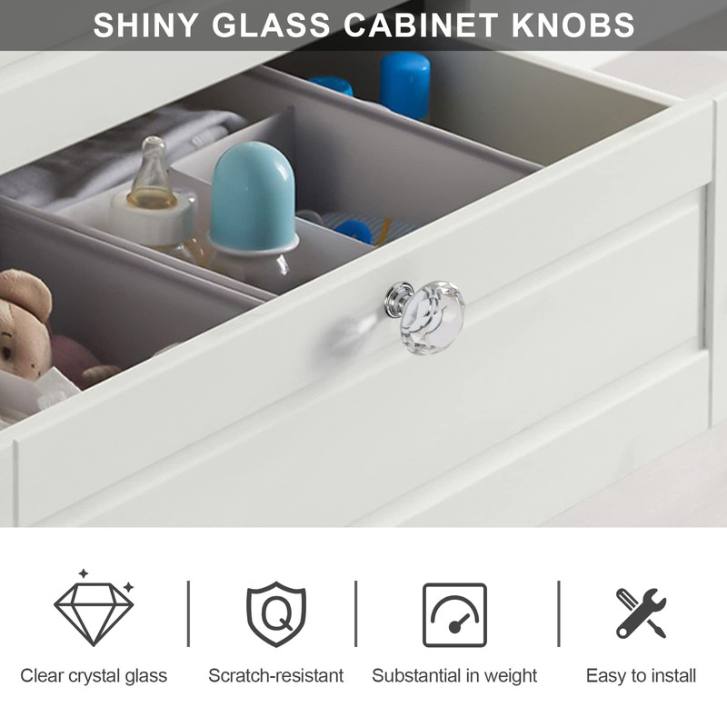 Alzassbg 10 Pack Clear Crystal Drawer Knobs, 1-1/5 Inch(30mm) Diameter