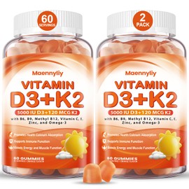 Vitamin D3 K2 Gummies for Adults - Vitamin D3 5000IU + K2 (MK-7) 120mcg - Sugar-Free D3 and K2 Supplements with Omega-3, Methyl B12, B9, B6, Vitamins E & Zinc - for Calcium Absorption & Immune Health