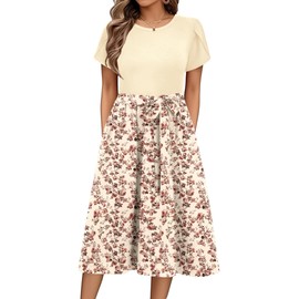 Zeagoo Women's Casual Midi Dress Summer Knitted Dress Casual Crewneck Swing Dress Womens Cute Flower Tunic Dresses Loose Shift Dresses Beach Dress L