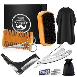 DUAIU 8 Piezas Cepillo De Barba Y Peine Para Hombres, Cepillo De Cerdas De Jabalí Y Peine De Acción Doble - Shaper De Barba, Afeitadora Recta Con 10 Cuchillas, Capa, Tijeras Herramientas De Corte De Estilo