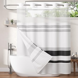 AmazerBath No Hook Shower Curtain and Liner Set, Shower Curtain with Liner and Hooks Built-in Less Time, Heavy Double Waterproof Farmhouse Shower Curtain Set for Bathroom, Black Stripe, 74"x72"
