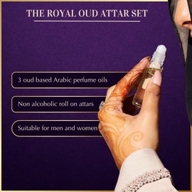 Dukhni Royal Oud Attar Oil Set Pure original Oudh oil, Islamic fragrances, Eid & Ramadan gifts for men and women | 3 assorted mini roll on perfume scents x 6ml | Arabic oudh oil, arab perfumes