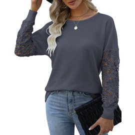 Hount Women's Lace Blouse Boat Neck Pullover Long Sleeve Elegant Tops Tunic, blue