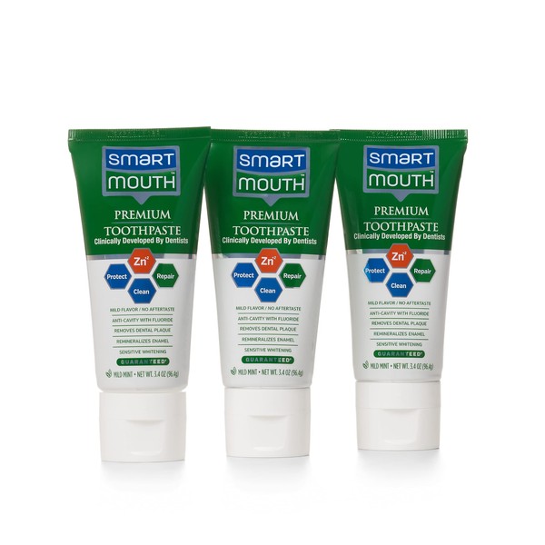 SmartMouth Premium Zinc Ion Toothpaste, Cavity, Enamel, and Plaque Help, Mild Mint, 3.4 Oz, 3 Pack