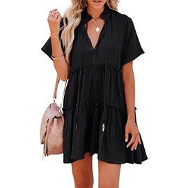 Dellytop Womens Drawstring V Neck Dress Ruffle Tiered Short Sleeve Babydoll Tunic Swing Sundresses Black