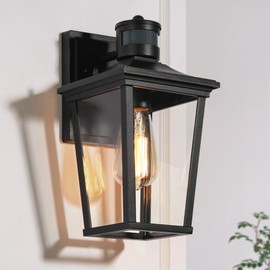 Motion Sensor Outdoor Wall Lights, Farmhouse Exterior Wall Sconces Light Fixture with Clear Glass, Black Modern Waterproof Lanterns for Front Door, Entry, Porch, Patio, and Gazebo