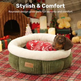 FUKUMARU Cat Bed, Corduroy Round Cat Beds for Indoor Cats, Washable Fluffy Pet Bed for Cats and Puppy, Soft Cute Small Dog Beds, Green