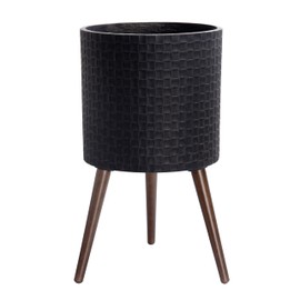 D'vine Dev 14 Inch Modern Geometric Tile Patterned Sleek Planter Pot with Stand, Indoor Outdoor Decorative Plant Holder, Distressed Black, 88-Z-D-5