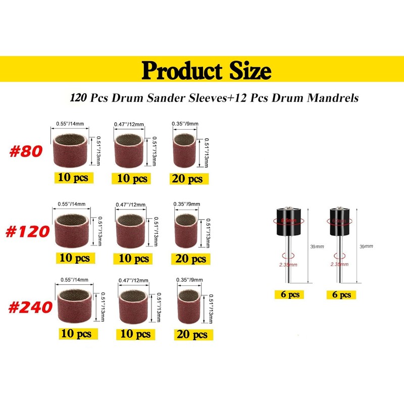 120Pcs Aluminum Oxide Sanding Drum Set,80/120/240 Grit Drum Sander Sanding