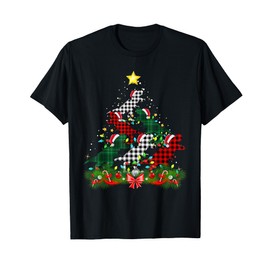 Dinosaur Santa Hat Christmas Tree Buffalo Plaid Red Green T-Shirt