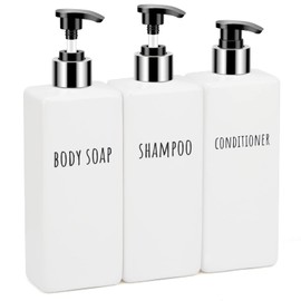 Segbeauty Shampoo Bottles, Dispensers, Refill Bottles, Set of 3, 16.9 fl oz (500 ml), White, White, Square Containers, Large Capacity, Stylish, Leak Proof, Easy Installation, Bathroom, Washroom,