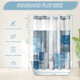 Hookless Shower Curtain with Snap Liner, Blue White No Hook Curtain Set, Abstract Bathroom Decor with See Through Top Window, 71x74 Inches