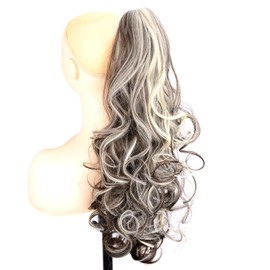 BOBIYA 24 Inches Claw Clip in Loose Curly Synthetic Wrap Around Ponytail Extensions Pony Tail Clip In Extensions (Dark Browm Mix White Blonde)