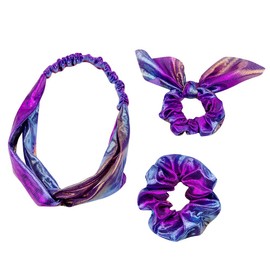 3 in1 Shiny Hologram Metallic Rainbow Bows Scarf Hair Scrunchies Bands Two-tone Mermaid Bunny Ears Hair Bobbles Elastics Ponytail Holders Hair Ties for Show Dance Party Girl (Purple Blue)