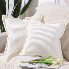 Madizz Cream White Corduroy Cushion Covers with Fringe Edge 24x24 inch, 60x60 cm, Set of 2 Soft Boho Striped Pillow Covers Broadside Decorative Textured Throw Pillows for Sofa Bedroom Pillow Shell