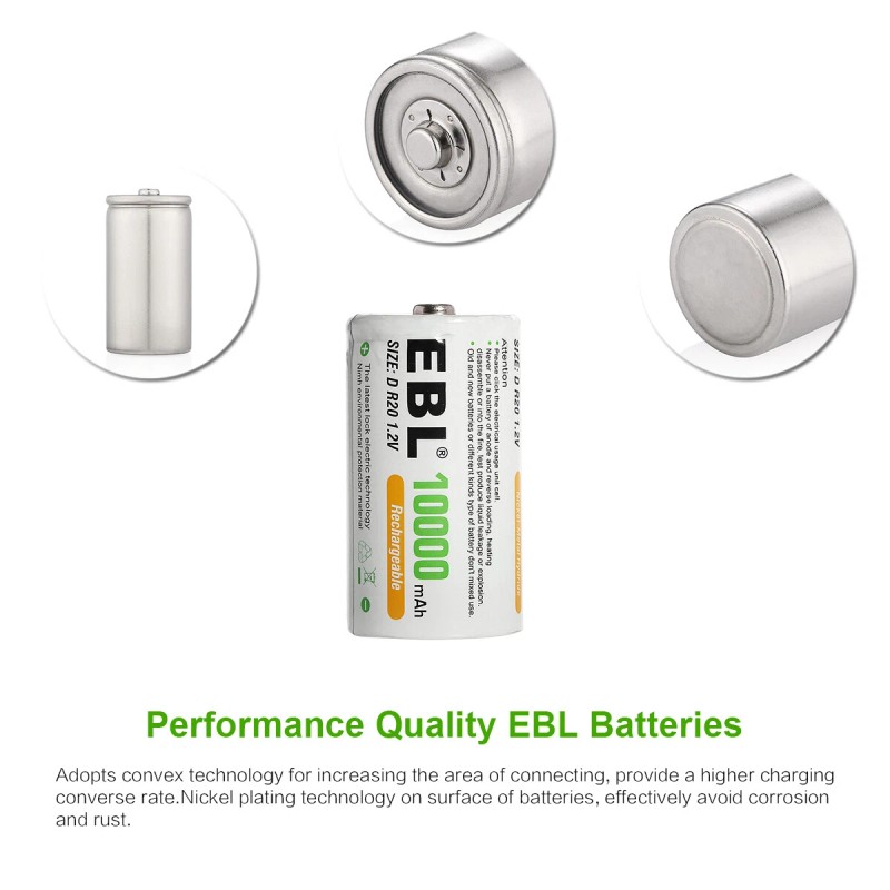 EBL D Cell Size NIMH Rechargeable Batteries 1.2V Battery +