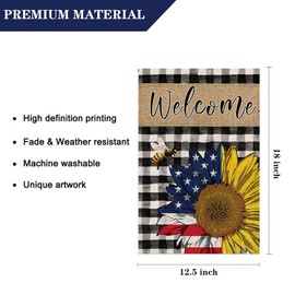 LHSION Summer Sunflower Patriotic Garden Flag 12.5 × 18 Inch 4th of July Buffalo Plaid Double Sided Burlap Flag for Seasonal Anniversary Decor