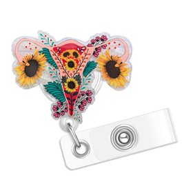 Sunflower Uterus Badge Reel, Funny Badge Reel Holder Retractable with ID Clip for OBGYN OB Nurse Nursing Name Tag Card Nursing Student Doctor RN LPN LVN Medical Assistant Office Badge Accessories