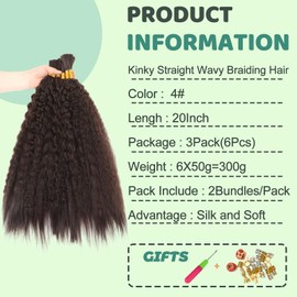 XIIMENALU Kinky Straight Wavy Braiding Hair for Boho Braids Wet and Wavy Bulk Hair for Braiding No Weft Yaki Straight Bulk Hair for Micro Braiding Rebundle Braids (4#, 20inch(3pack(6pcs)))