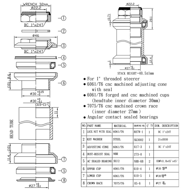 WFS AH.47 1 Inch Threaded Cycling Headsets Bearing External Cup,