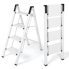 Dollate Aluminum 4 Step Ladder, Folding Step Stool with Non-Slip and Sturdy Wide Tread, Portable for Household and Kitchen, Foldable Step Stool, White, 330Lbs Ladders for Home