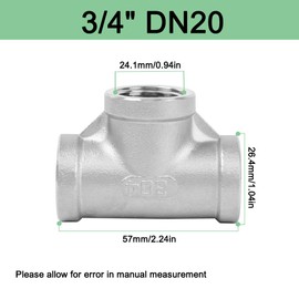 3 Way Pipe Fitting, Stainless Steel Tee Connector with 3/4" DN20 Female Thread, Fittings for Water Oil Air Gas