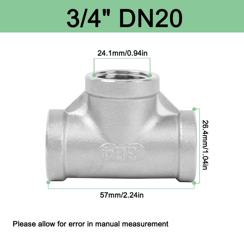 3 Way Pipe Fitting, Stainless Steel Tee Connector with 3/4"