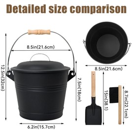 BRIAN & DANY Mini Ash Bucket with Lid and Shovel, 1.3 Gallon Fireplace Bucket with Broom, Ash Can for Fireplace, Ashes, Fire Pit, Wood Burning Stove